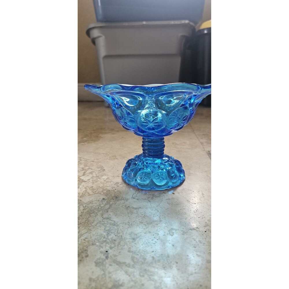 Vintage LE Smith Moon and Stars Blue Glass Compote Pedestal Candy Dish Bowl